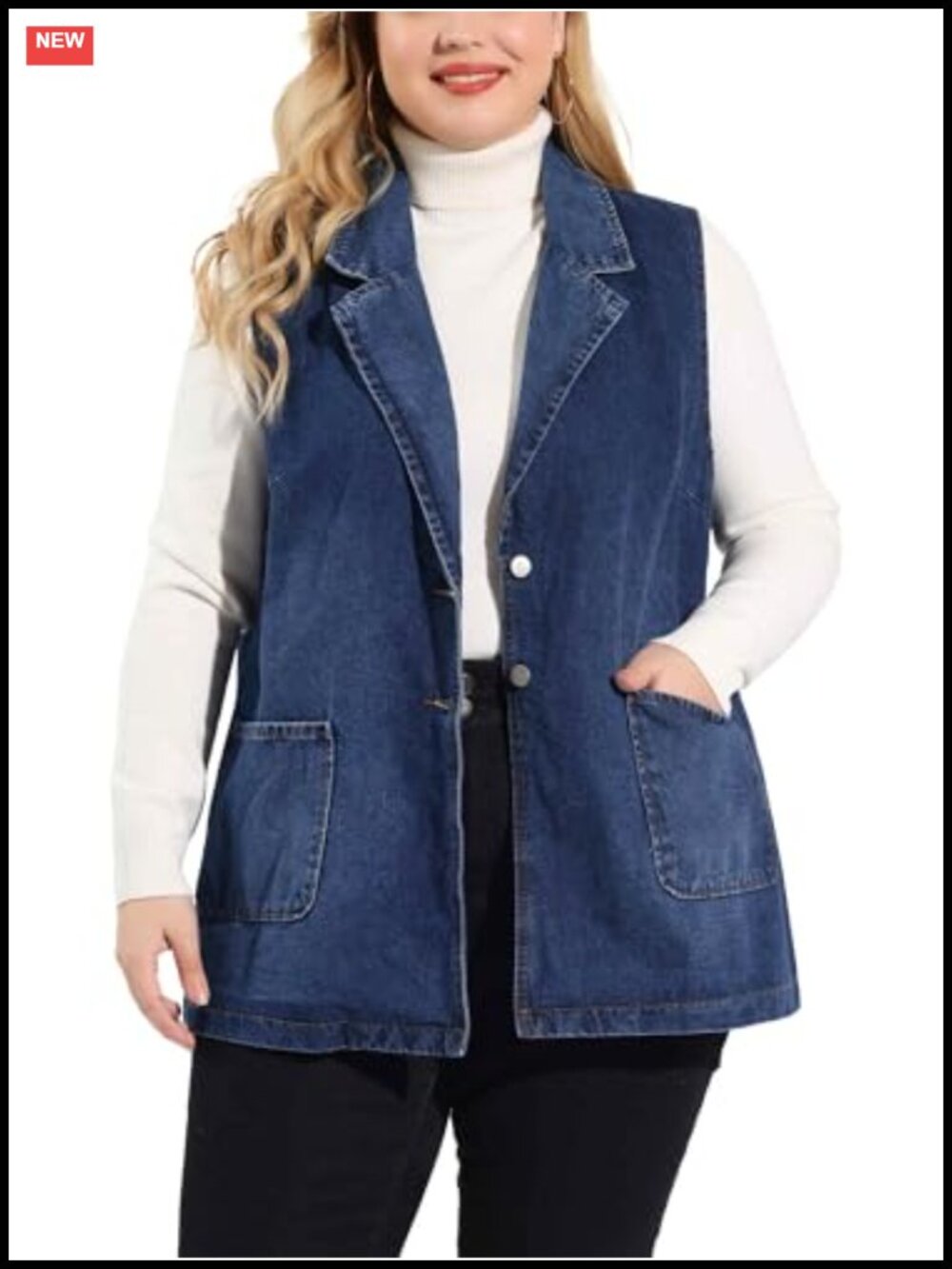 Plus Size Sleeveless Denim Vest with Collar Button Front Long Jean Jacket Tunic